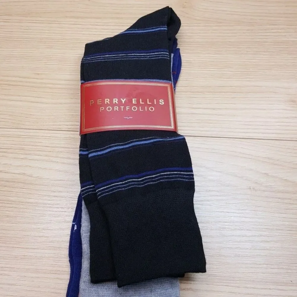 PERRY ELLIS Dress Socks 3-Pack Blue Black Grey Polar Bear Winter Stripe Solid